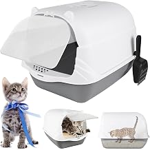 Large Hooded Cat Litter Box Charcoal Filter Extra Deep Anti-Spillage Kittens Cats Enclosed Box Pan Loo Filter Flap Door Detachable Rim Rounded Corners Safe Fully Enclosed Cat Toilet, 51x37x36cm