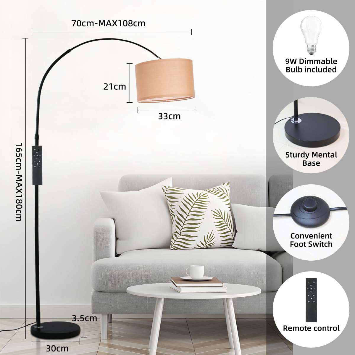 ANTENLICHT AURA Lampada ad Arco con Telecomando | Lampada da Terra Dimmerabile | Con LED E27, Paralume in Lino 33 cm Marrone | Interruttore a Pedale | Design Vintage per Camera, Hotel