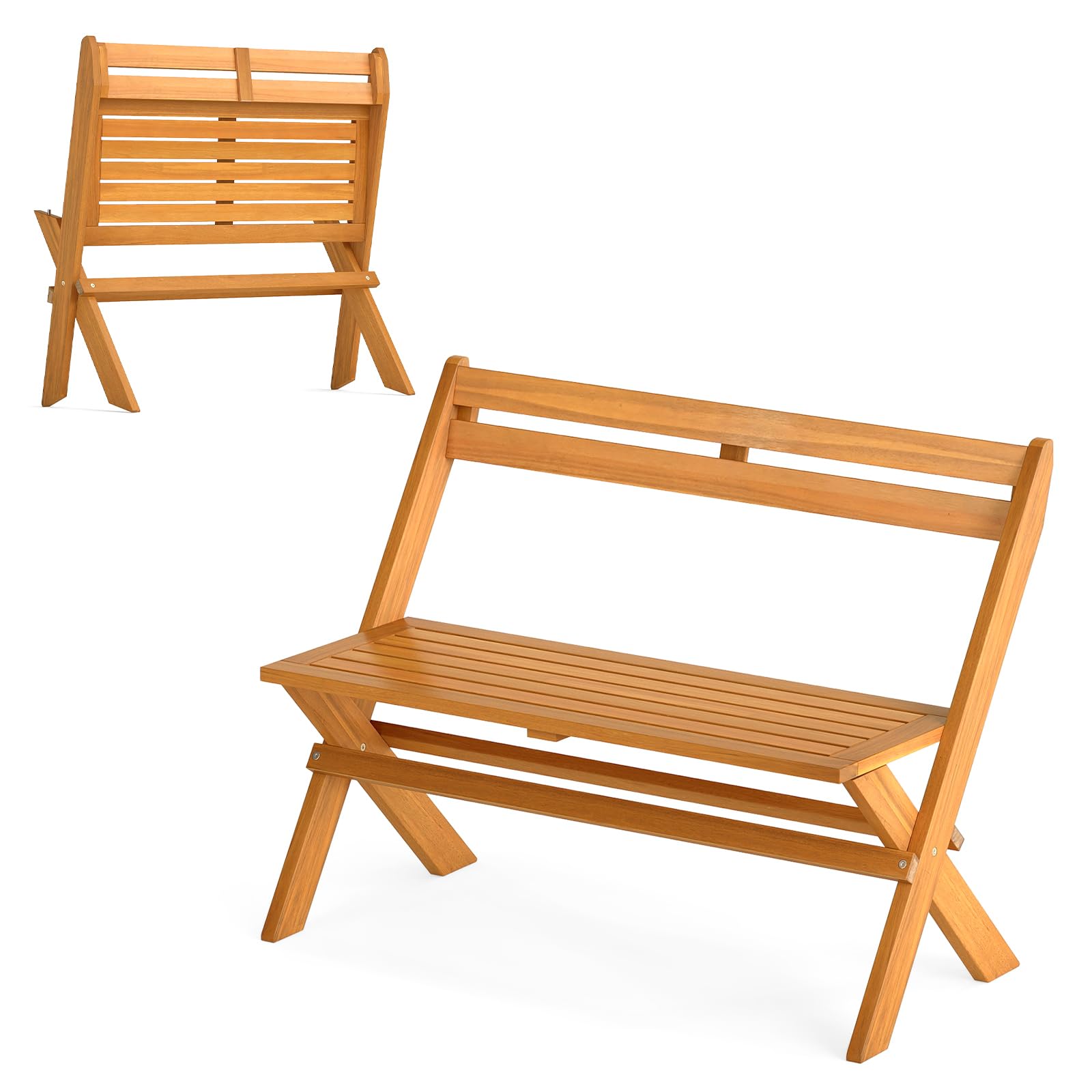 SFAREST 2-Seater Garden Bench, Foldable Acacia Wood Loveseat with Backrest, Outdoor Leisure Chair for Patio Balcony Porch Backyard, 360kg Max Load