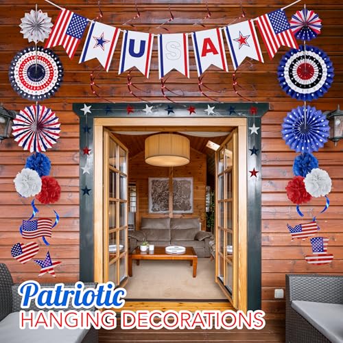 Image of 4E's Novelty 24 Pcs Patriotic Hanging Decorations, 6 Pcs Hanging Patriotic Banner Paper Fans Red White Blue Decor with Star Streamer, American Independence Day Sign with USA Flag Indoor Outdoor Decor