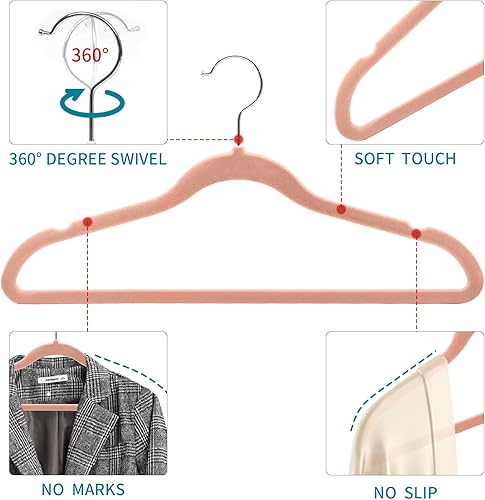 Miniatura 4 de Paquete de 30 perchas de terciopelo antideslizantes, perchas resistentes con gancho giratorio de 360, perchas delgadas y duraderas para ahorrar