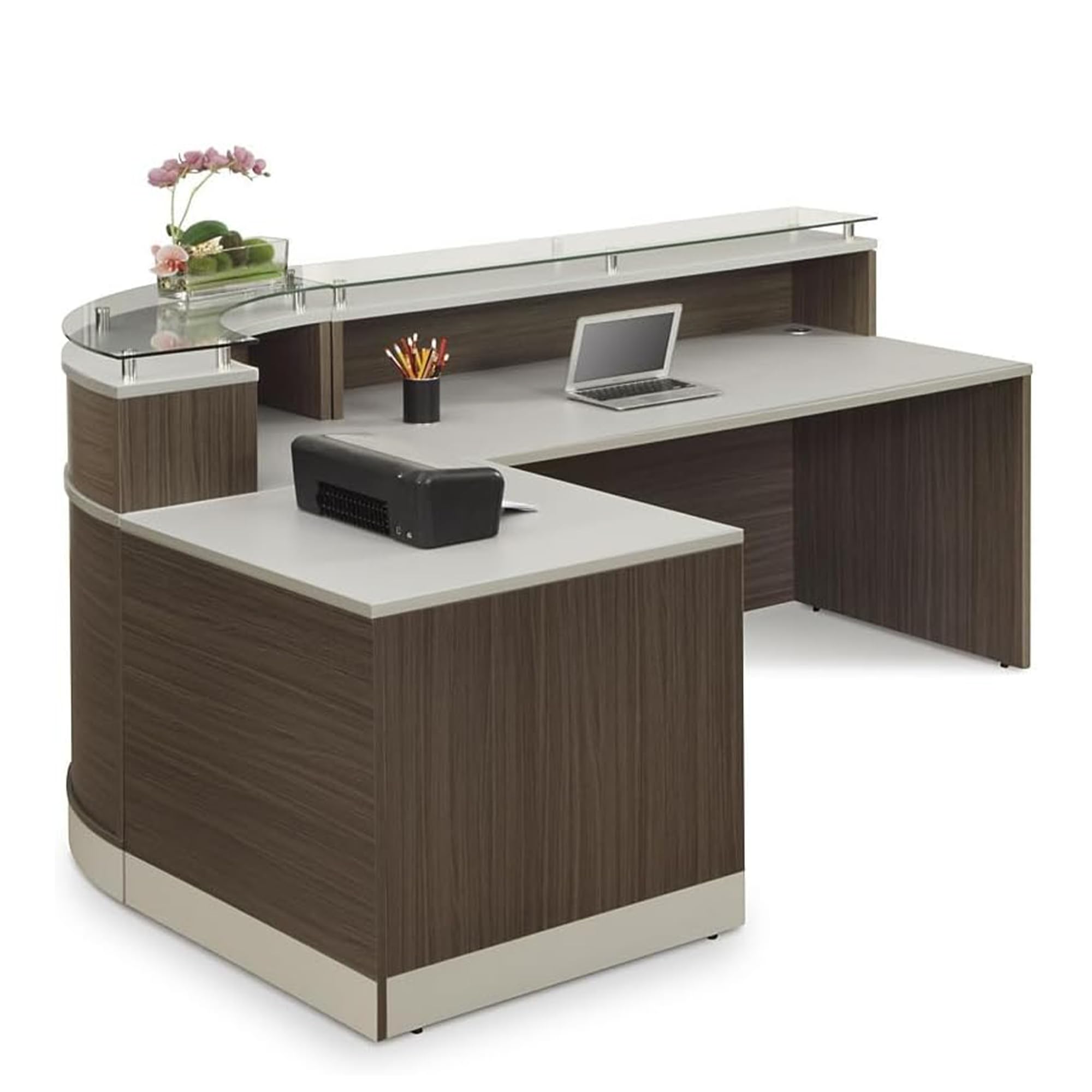 NBF L Shaped Modern Reception Desk with Counter - 79" W x 63" D Retail Checkout Counter - Curved Front Desk Reception Counter - Countertop Welcome Desk for Office Lobby Salon Store (Driftwood)