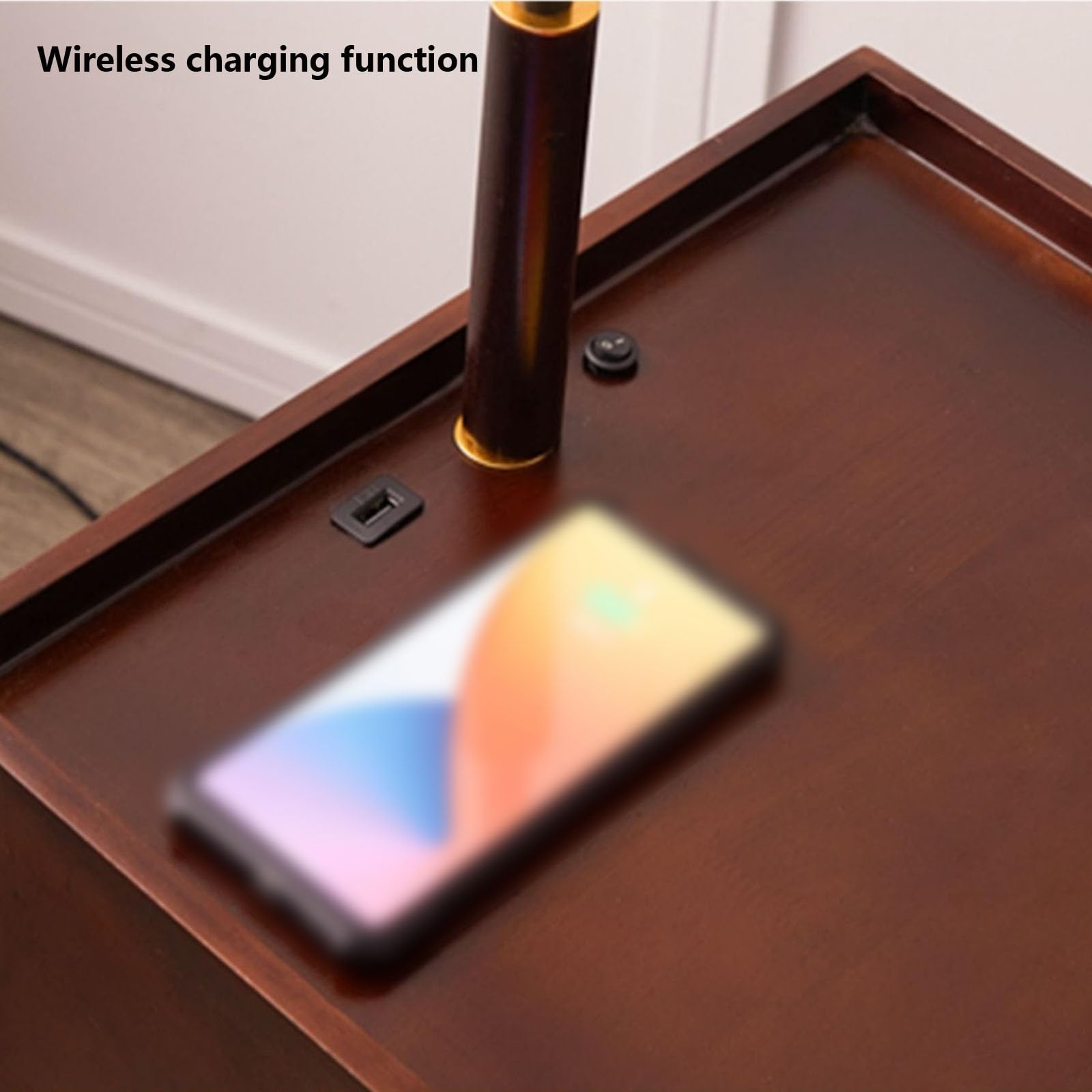 lampa podłogowa Kwadratowa szafka nocna LED Smart z bezprzewodową stacją ładującą i portem ładowania USB, nowoczesny mały stolik nocny z 2 drewnianymi szufladami do sypialni do salonu(Brown)