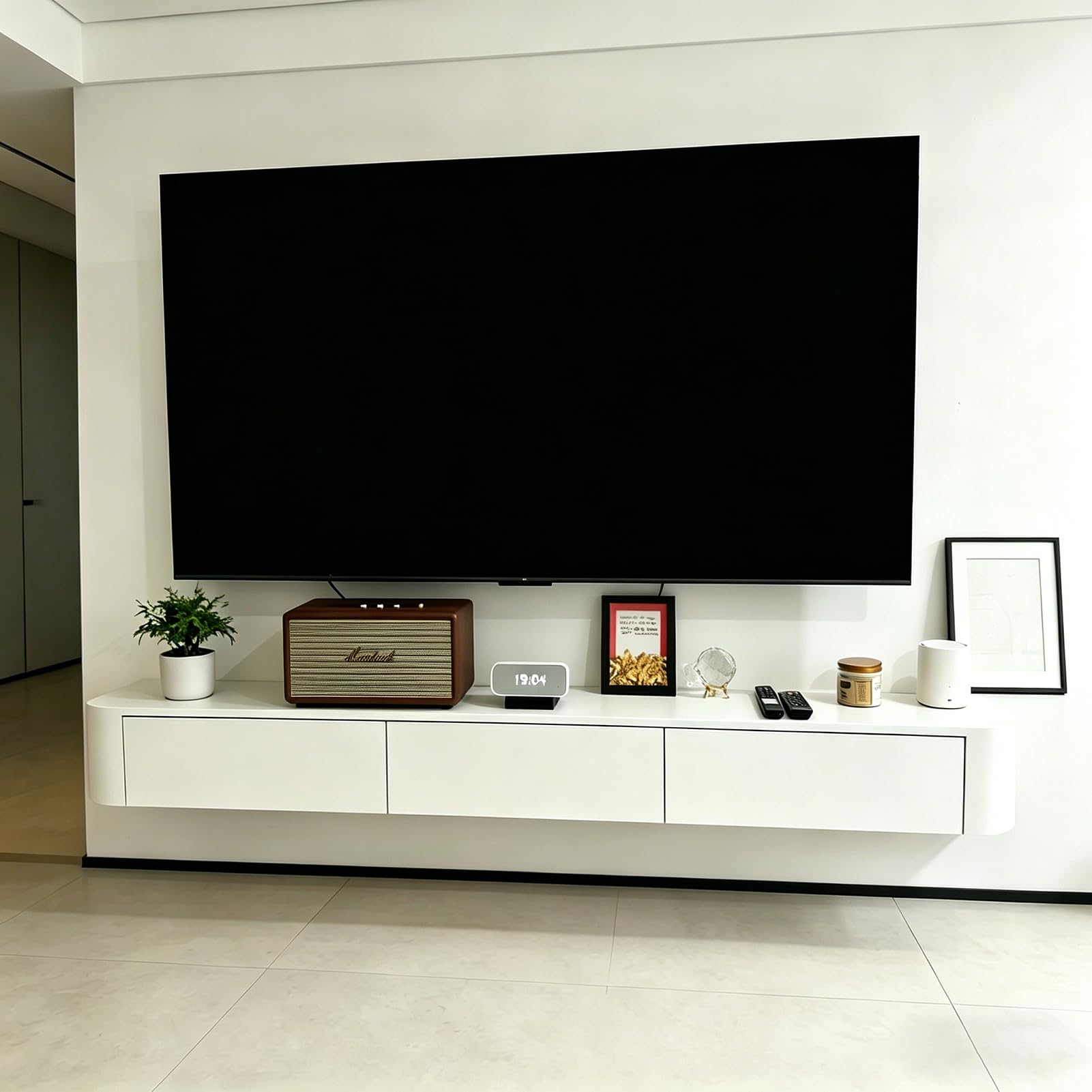 Szafka TV 240 cm, biała, z 2 szufladami i 2 klapkami, szafka pod telewizor, montowana na ścianie, konsola medialna z kanałami kablowymi, w pełni zmontowana