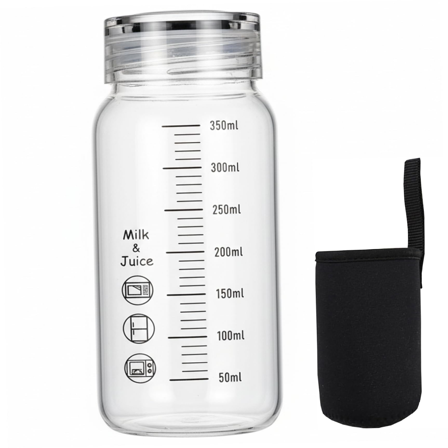 AwnsIMfreien Glass Water Bottle, 350ml Water Bottle, Glass with Measurements, Leak-Proof Lid & Insulated Sleeve, Clear Microwave Safe Travel Coffee Cup