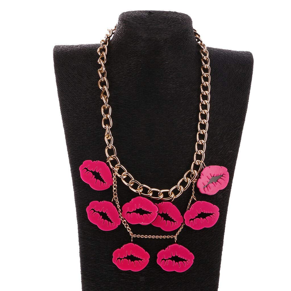ELECTROPRIME Lady Fashion Charm Hot Acrylic Red Mouth Kiss Lips Statement Necklace Chain