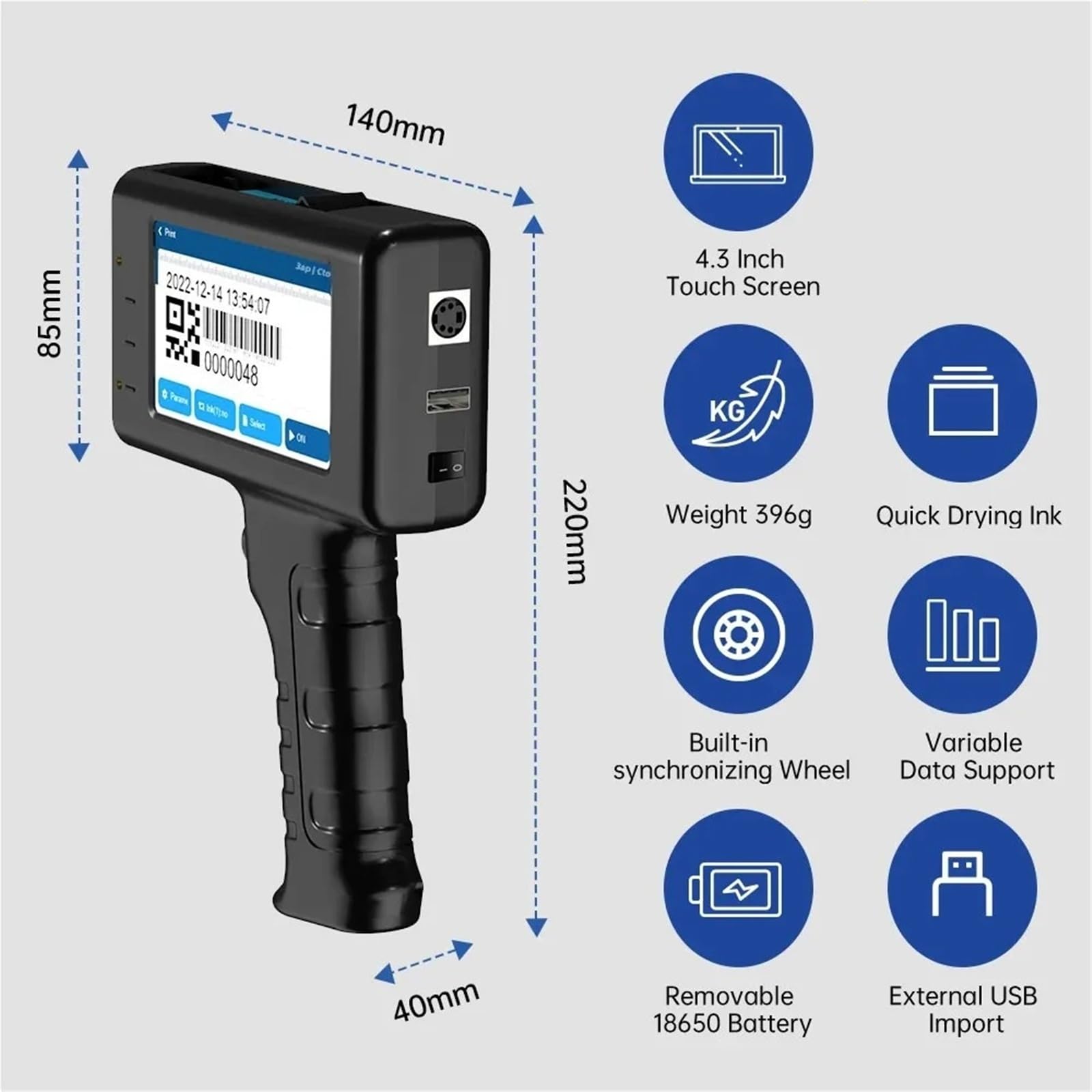 Imprimante Portable, Imprimante à Jet d'encre portative, Machine de marquage 12.7mm avec écran Tactile 4.3 Pouces for Codes-Barres d'étiquettes