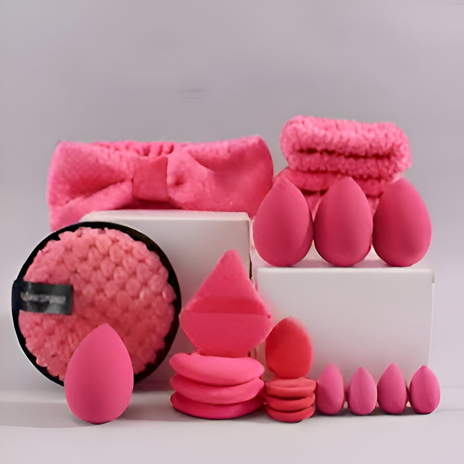 Multi-Shape Makeup Sponge Set | 20 Piece Beauty Puff Collection with Headband and Clean Sponge | Face Blender Kit for Cream, Liquid & Powder(20Pcs) (Hot Pink)