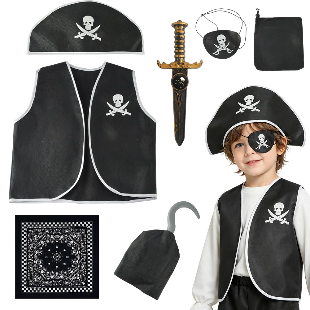 HATFRYF 7PCS Pirate Costume Accessories Kit, Pirate Fancy Dress Costume, Kids Pirate Caribbean Role Play Outfit, Sea Robber Cosplay Dress Up Kit for Birthday Party Halloween Carnival for Boys Girls