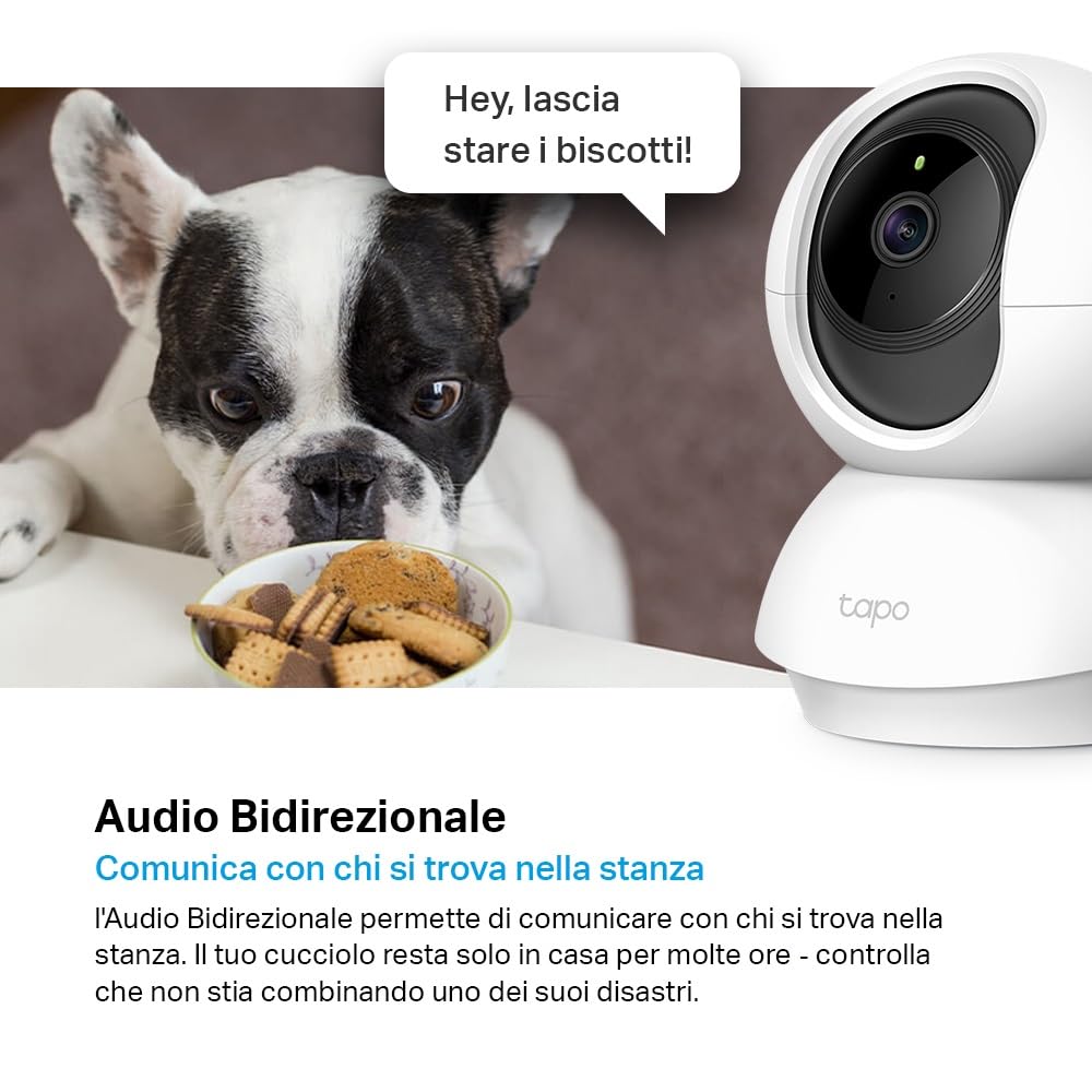 Tapo C200C Telecamera Wi-Fi Interno FHD, Videocamera Sorveglianza 360° Visione Notturna, Audio Bidirezionale, Rilevamento Movimento