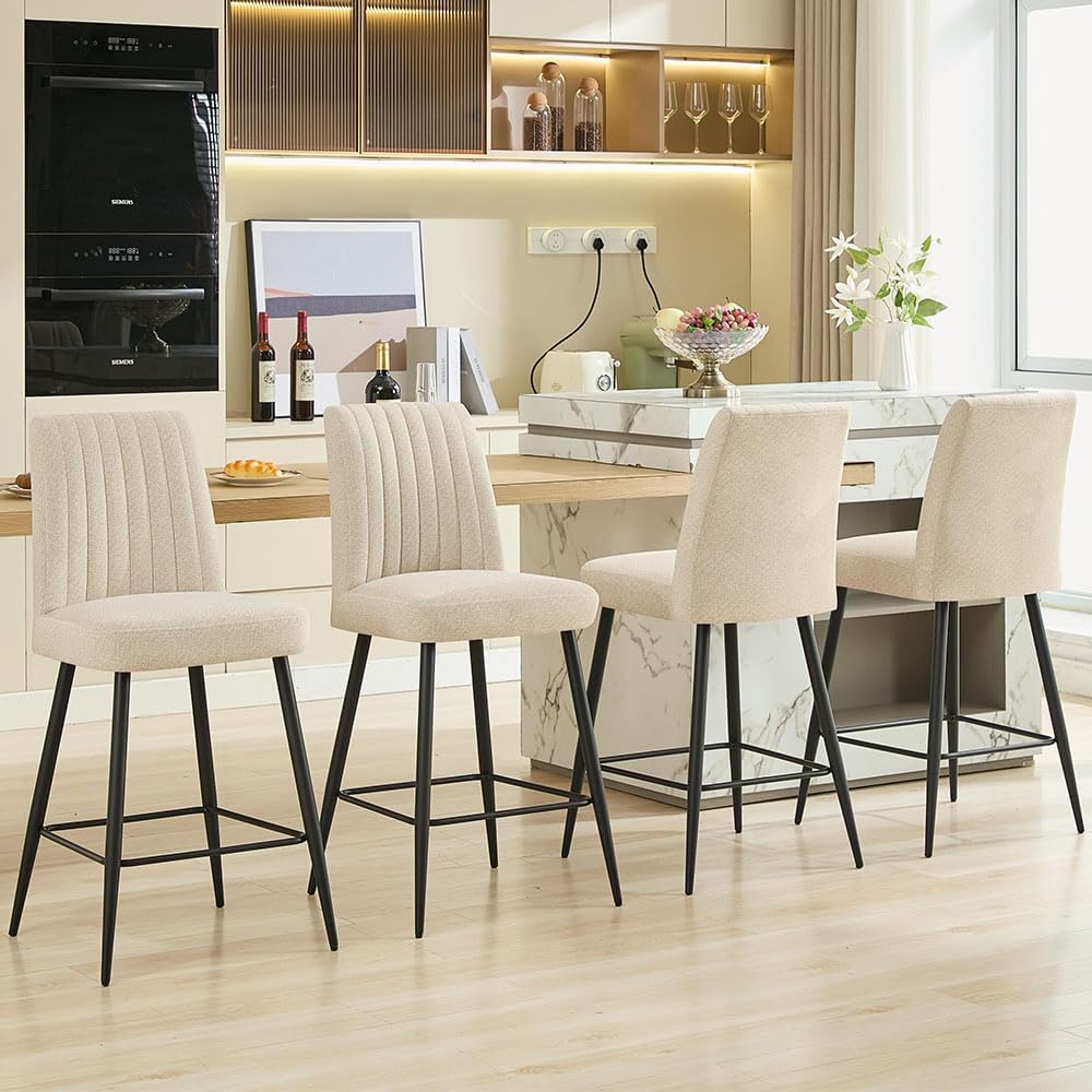Bar Stools Set of 4, Modern Velvet Counter Height Bar Chairs with Back, Upholstered Kitchen Island Stools with Metal Legs