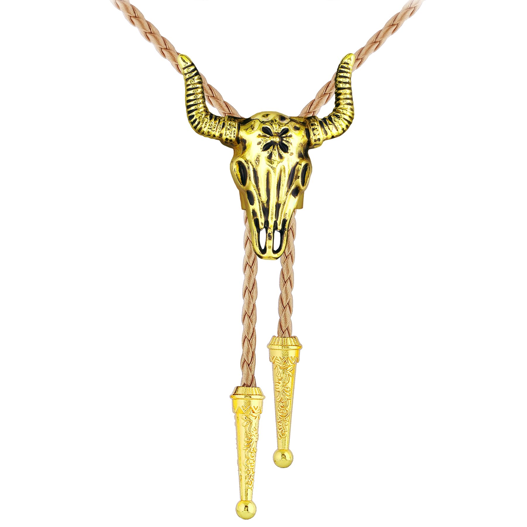 GelConnie Longhorn Bull Bolo Tie for Men Native American Western Cowboy Leather Necktie Bolo Necklace for Women Gold Texas
