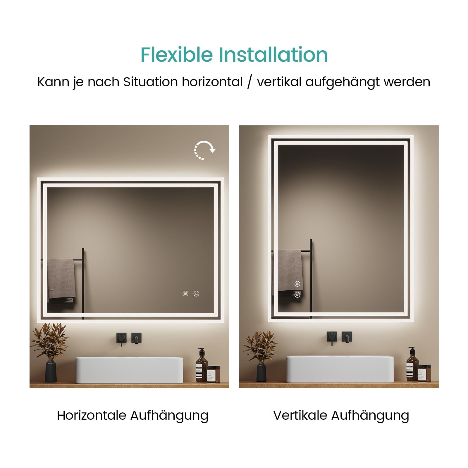 EMKE Badspiegel mit Beleuchtung 90x70cm, Badezimmerspiegel mit Touch, Antibeschlag, Kaltweiß Licht dimmbar, Speicherfunktion und automatischer Abschaltung nach 3 Stunden, ideal für Badezimmer