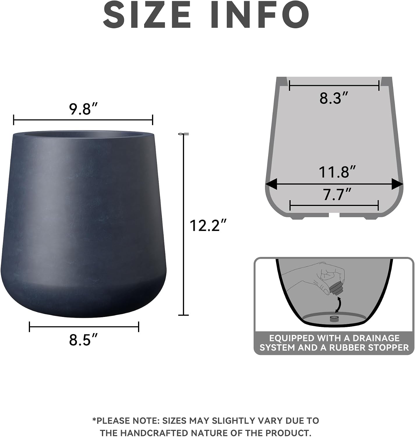 Kante 9.8-Inch Dia Round Concrete Garden Pot with Drainage Hole & Rubber Plug - Indoor/Outdoor Lagre Plant Pot for Home, Garden, Patio, Charcoal