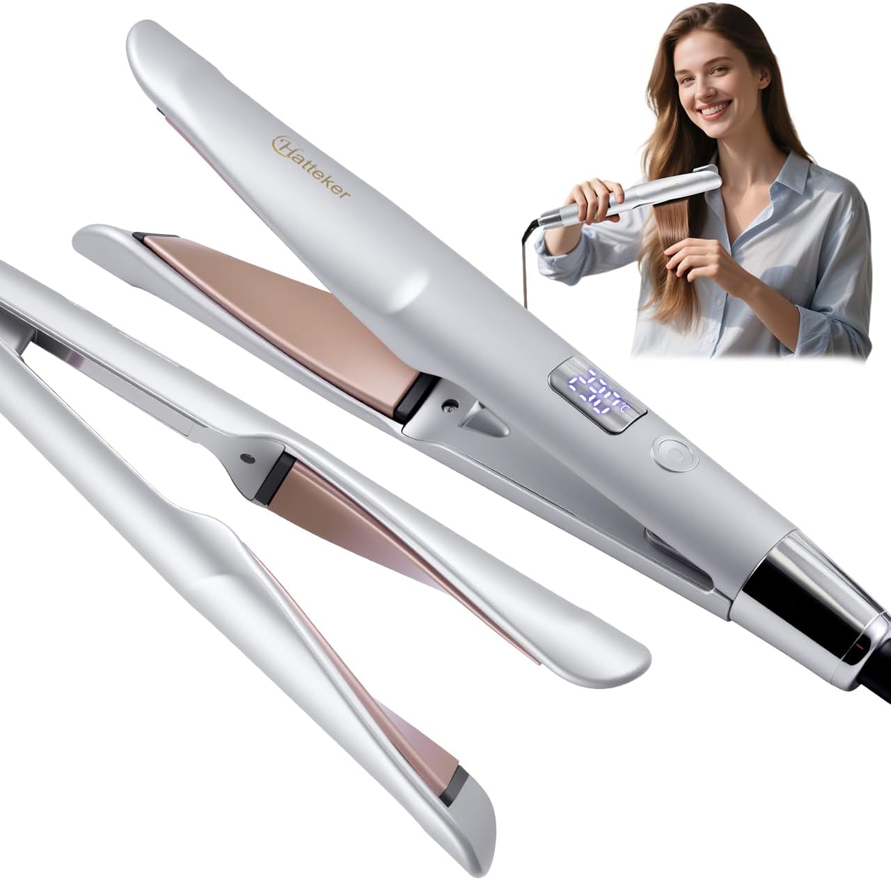 Hatteker Hair Straightener and Curler 2-in-1, Twist Flat Iron Hair Straightener for Women, 1 inch Wave Curling Iron,Dual Voltage, 30s Fast Heat Up, 11 Adjustable Temp for All Hair Types (Black)