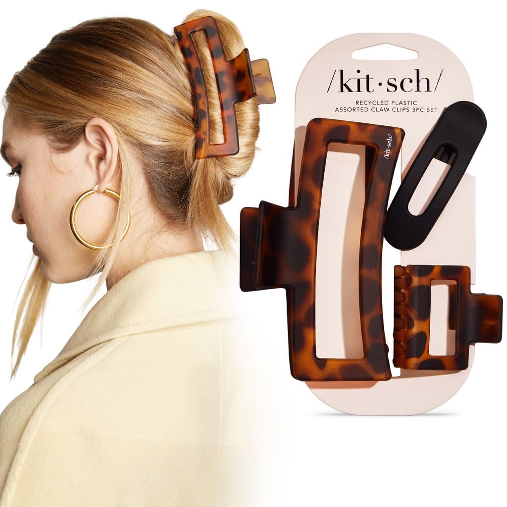 Kitsch Mollette per capelli assortite da donna, in plastica riciclata, grandi clip a artiglio e clip rettangolari medie e piccole aperte, clip per capelli a forma piatta | clip per capelli opaca - 3