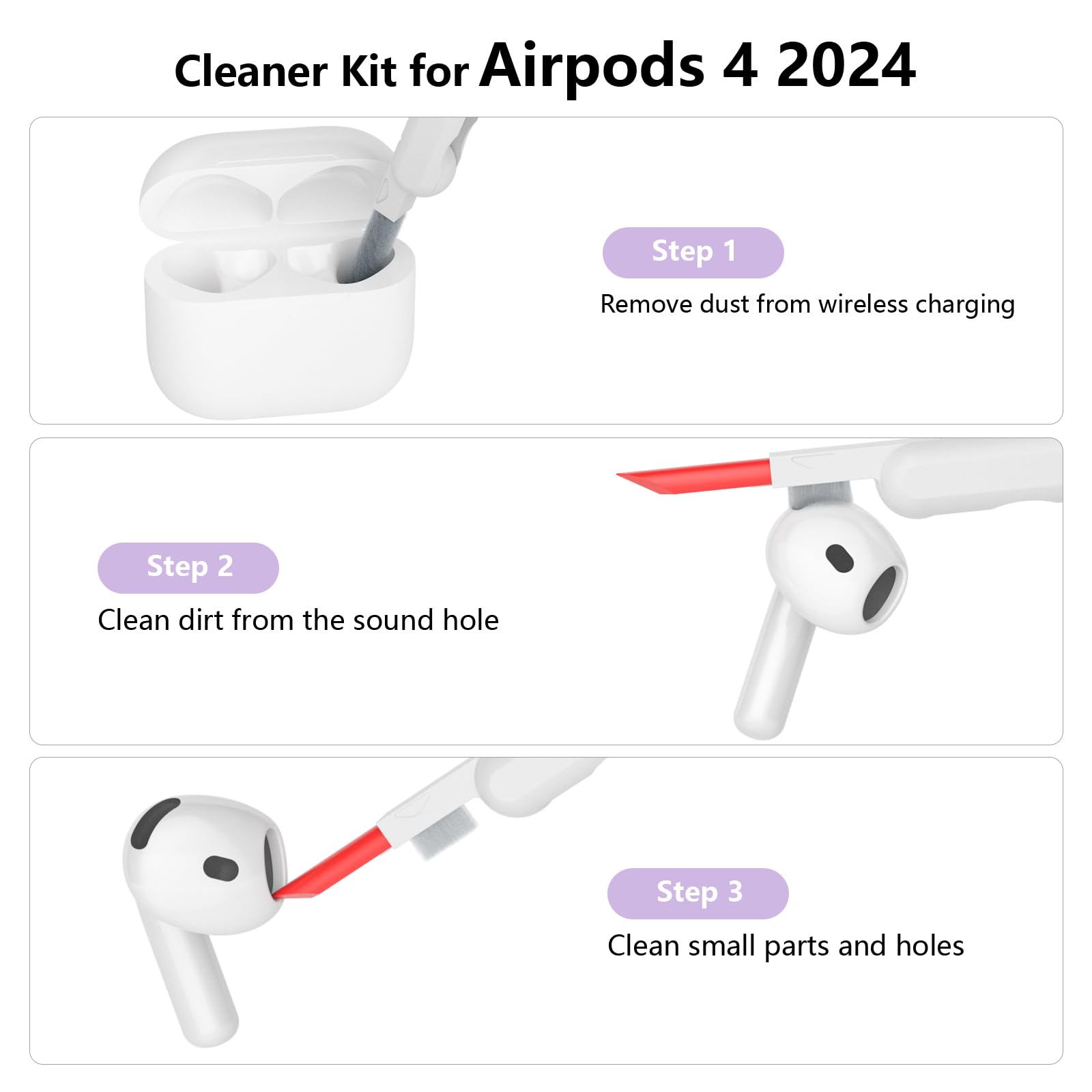 Coque Étui Protecteur Compatible avec AirPods 4 2024, LED Avant Peut être Visible, Housse en Silicone Anti-Choc Etui de Protection pour Airpods 4ᵉ Génération avec Kit de Nettoyage, Lavande - 4