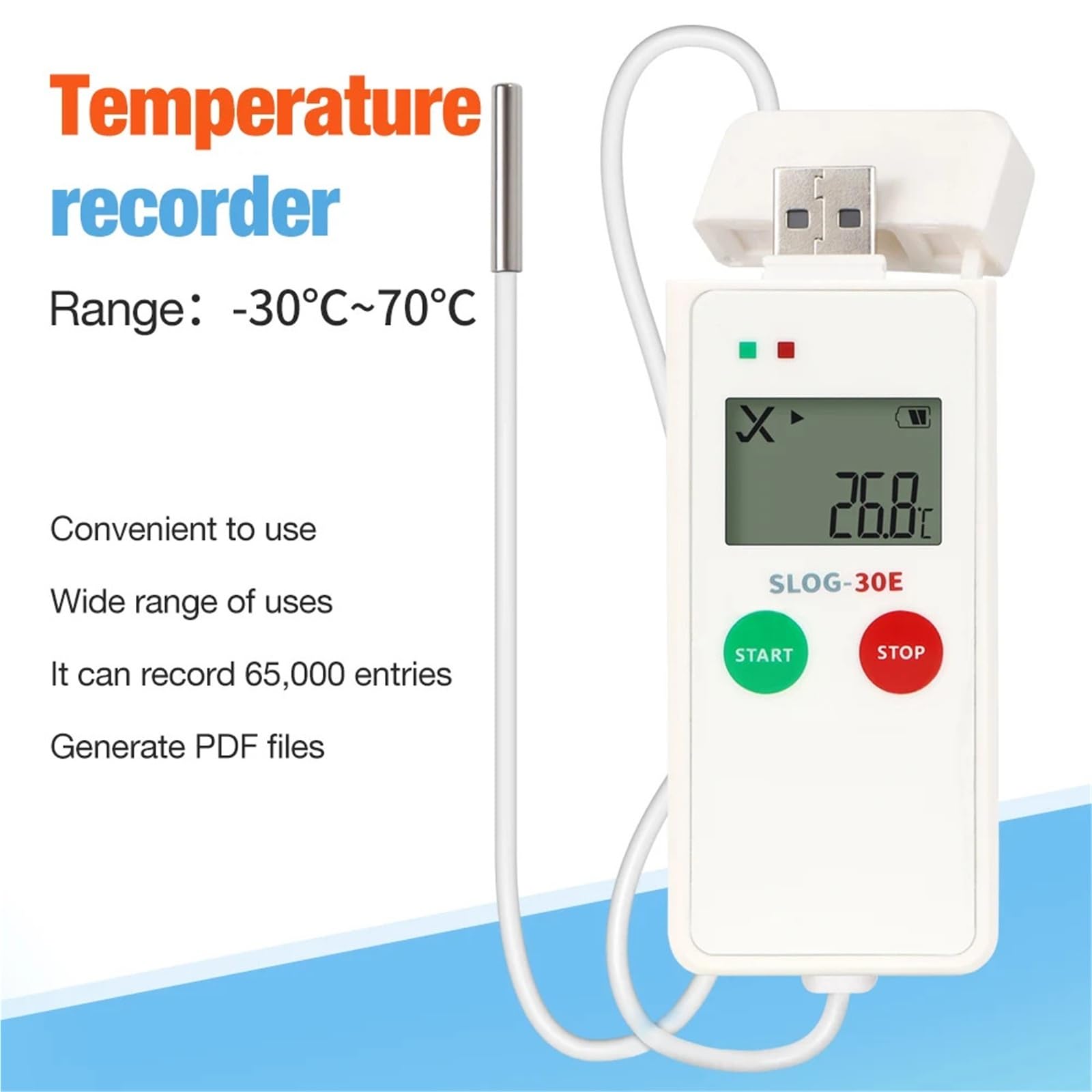 datenlogger Temperaturdatenlogger -30 °C bis 70 °C, 65.000 Messpunkte, mit NTC-Sensor for die Kühlkette(SLOG-30E)