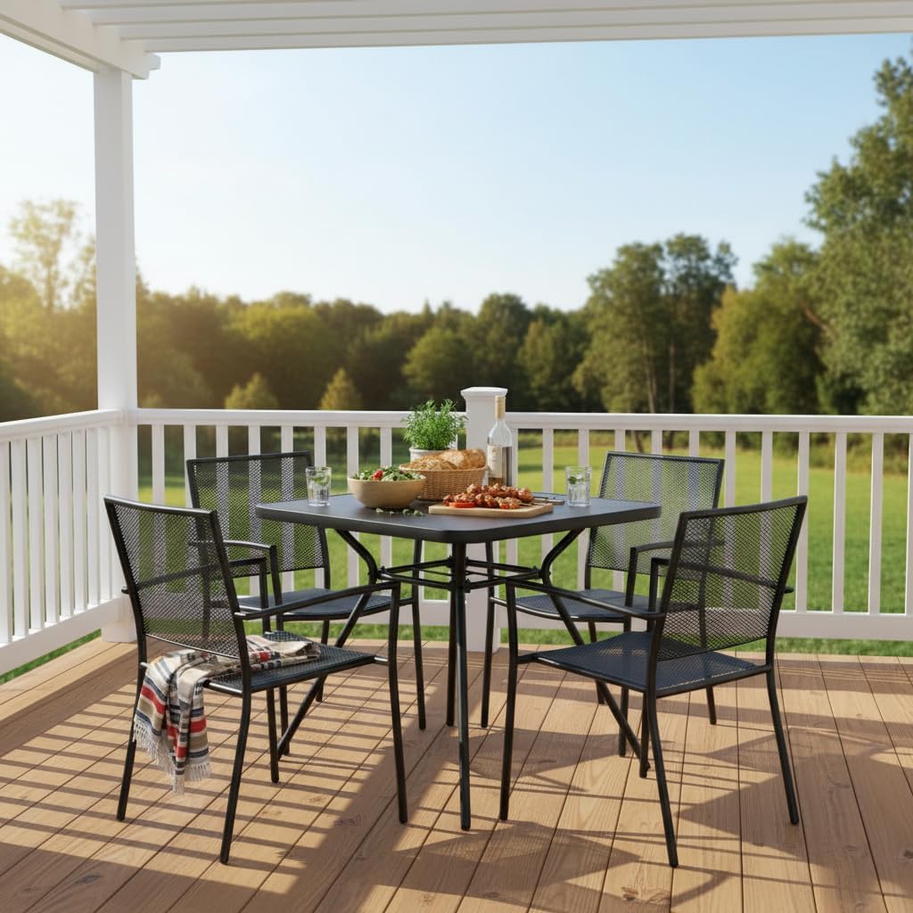 Tangkula 32-Inch Square Patio Dining Table for 4, Outdoor Bistro Table with Umbrella Hole, DPC Tabletop & Heavy-Duty Metal Frame, 4-Person Outside Table for Backyard, Porch, Poolside, Deck