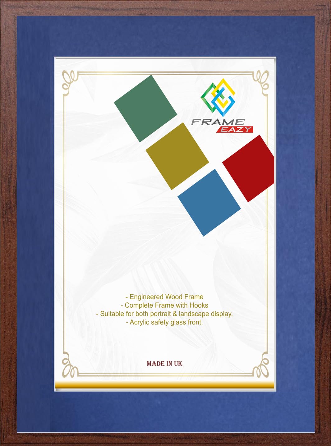 FRAME EAZY Dark Oak 14x11 Photo Frame with 11x8.5 Blue Mount to Hang Portrait or Landscape - Thin Picture Frame With Safe Perspex Front - 14" x 11" For Picture Size 11" x 8.5"