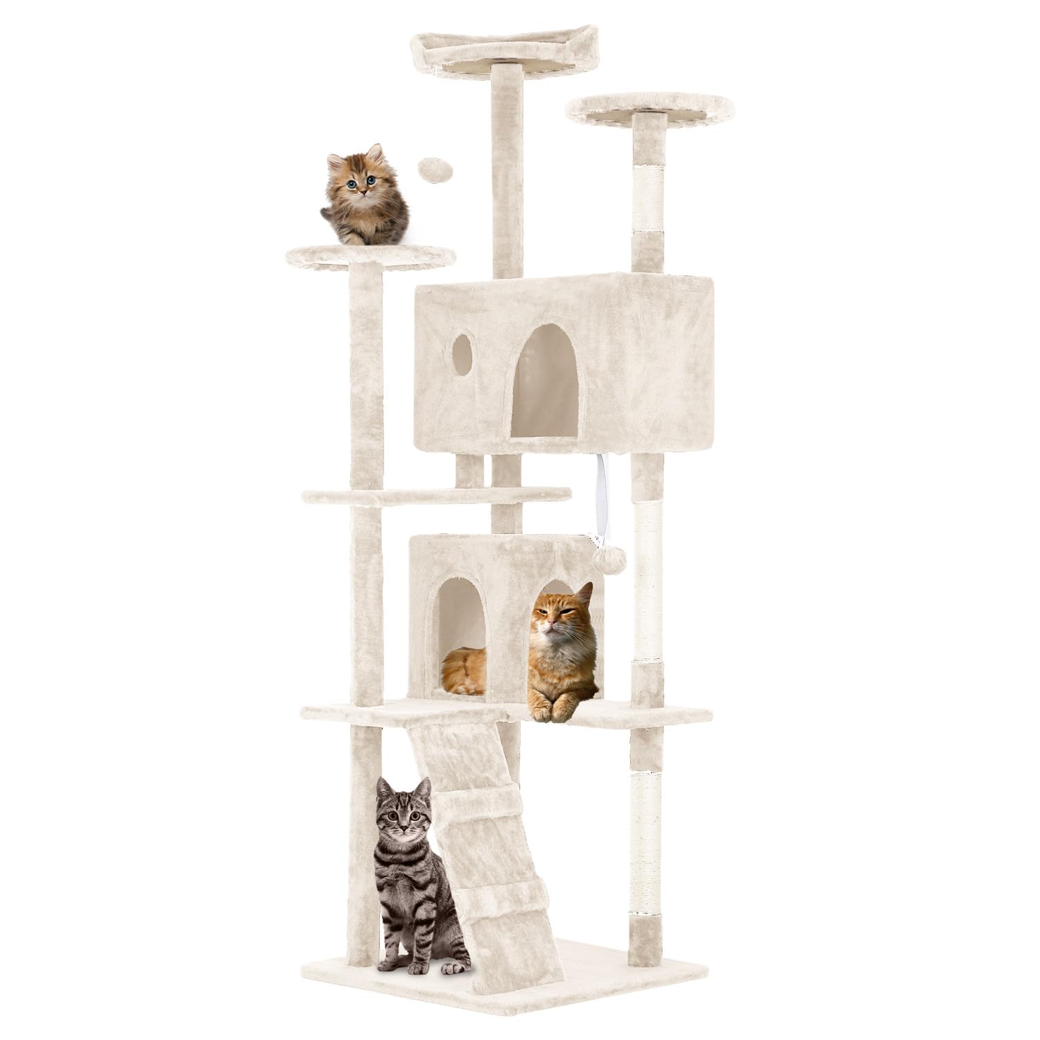 FDW | 70" Cat Tree Tower | Beige | Multi-Level Indoor Activity Center with Sisal Scratching Posts, Condos, Plush Perches, Hanging Cat Toys | Sturdy,