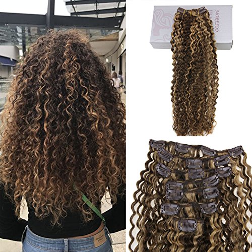 Moresoo 16 Inch Kinky Curly Dark Brown and Light Brown Hifhlights Clip in Human Hair Extensions 7A Curly Clip ins Human Hair Brazilian Hair Extension for Women
