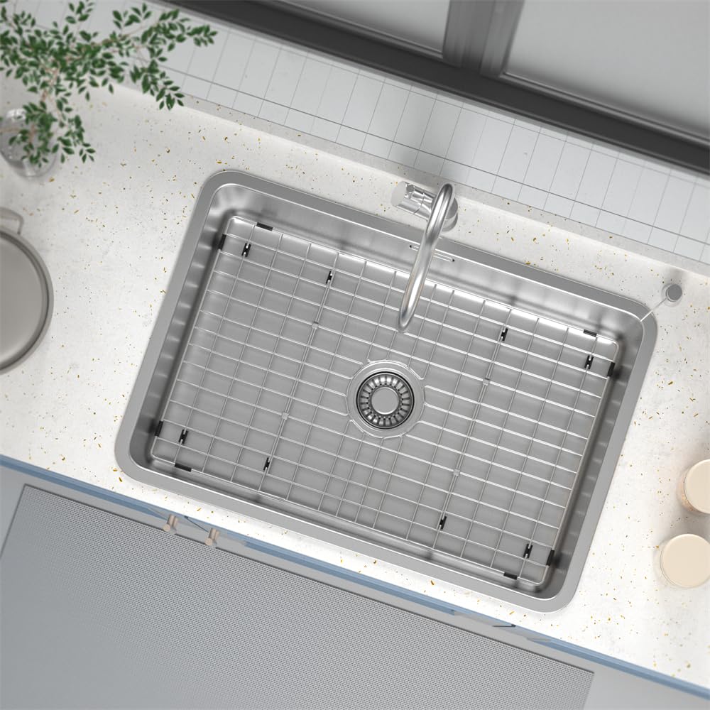SANNO Sink Protectors and Sink Bottom Grid for Kitchen,Sink Grate Sink Grids kitchen sink Drain with Center Hole,Stainless Steel,26.8"WÃ—16.5"D