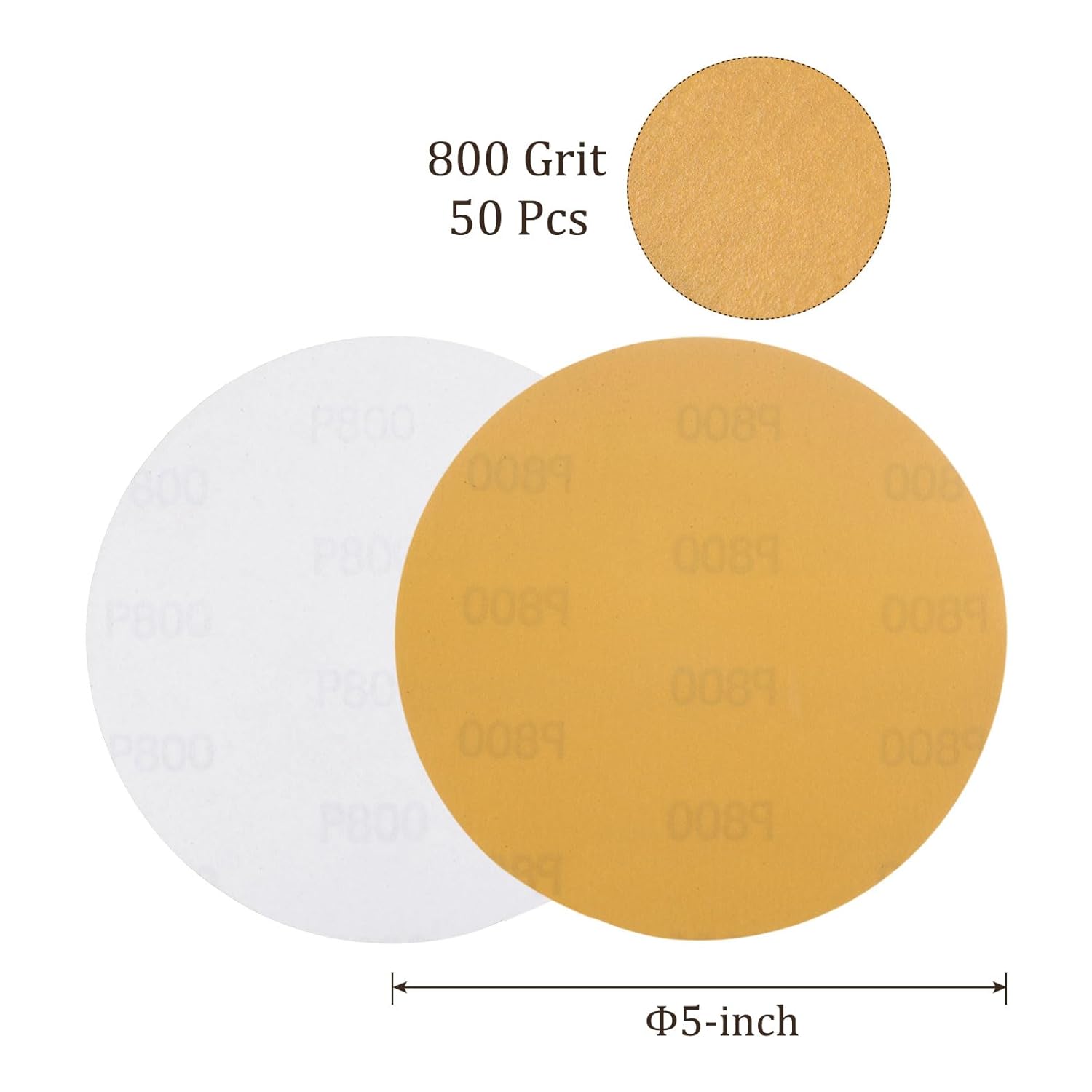 50pcs PSA Sanding Discs - [5 Inch x 800 Grit] Non-Hole Self Adhesive Sticky-Back Gold Sandpaper Discs for Automotive Car Paint Use, Aluminum Oxide, Round