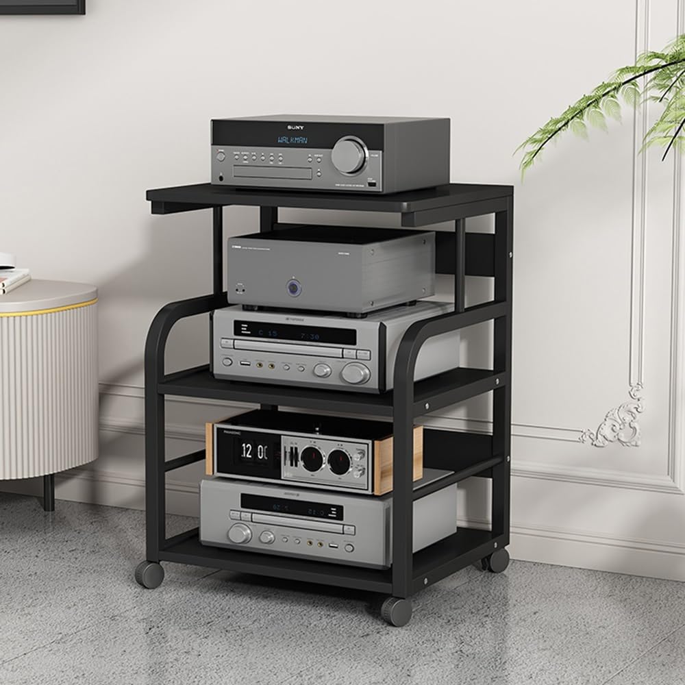 Wytrzymały stojak na wzmacniacz HiFi, stojak narożny na komponenty audio, wieża audio, 3-poziomowy wózek do przechowywania multimediów z ruchomymi kółkami (czarny, 45 cm)