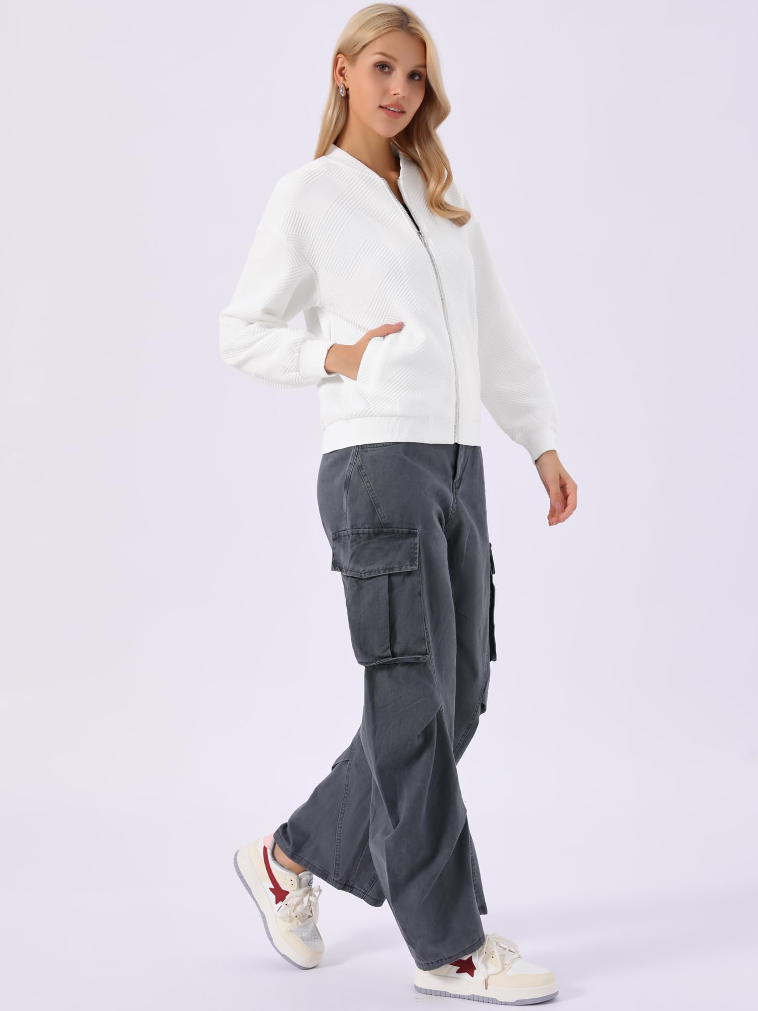 Allegra K Blouson Décontractée Femme Aviateur Col Rond Texturé Style Baseball Veste Bomber Manches Longues