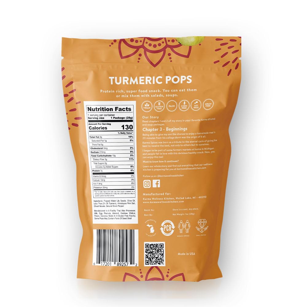 Karma Turmeric Popped Water Lily Seeds - 3g Protein, Gluten-Free, Vegan, Non-GMO - Healthy Snack with Turmeric Spice for On-the-Go Energy - 1 oz (Pack of 12)