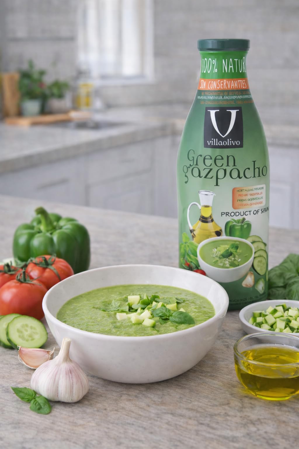 Villaolivo - Gazpacho Verde Villaolivo 1 Litro "Pack 6 Unidades" 100% Natural, sin conservantes ni aditivos.