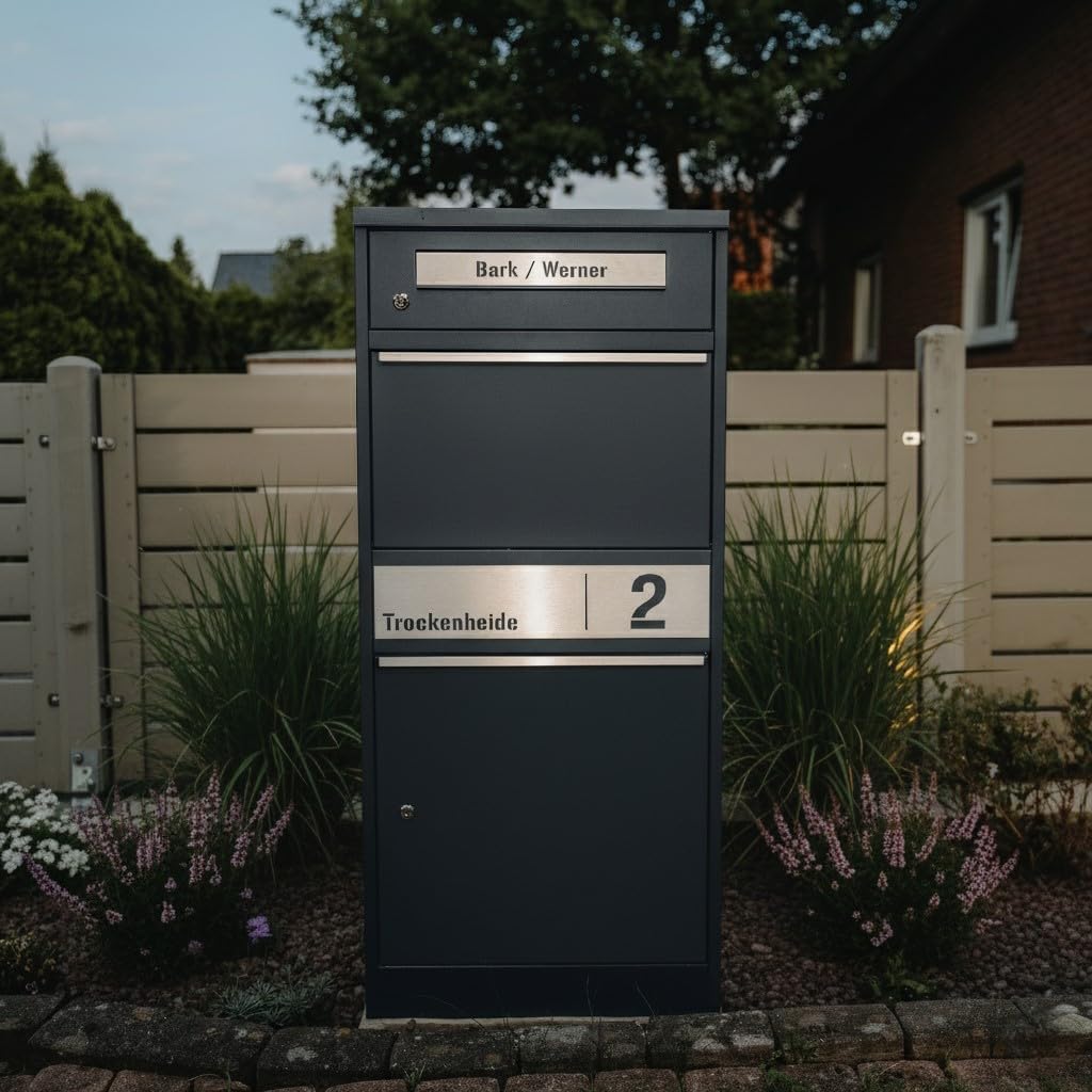 Metzler Paketbox, Briefkasten mit großem Paketfach in Anthrazit, personalisierte Paketbox für draußen, Standbriefkasten mit Paketfach, Paketkasten, Postbox mit Gravur, rostfrei und massiv - Bispo 2