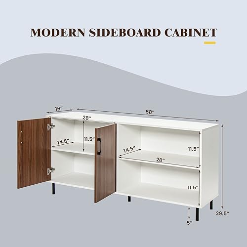 Miniatura 3 de Giantex Aparador de buffet, armario de almacenamiento moderno con 2 puertas y estantes abiertos, armario de cocina de 58 pulgadas con patas de
