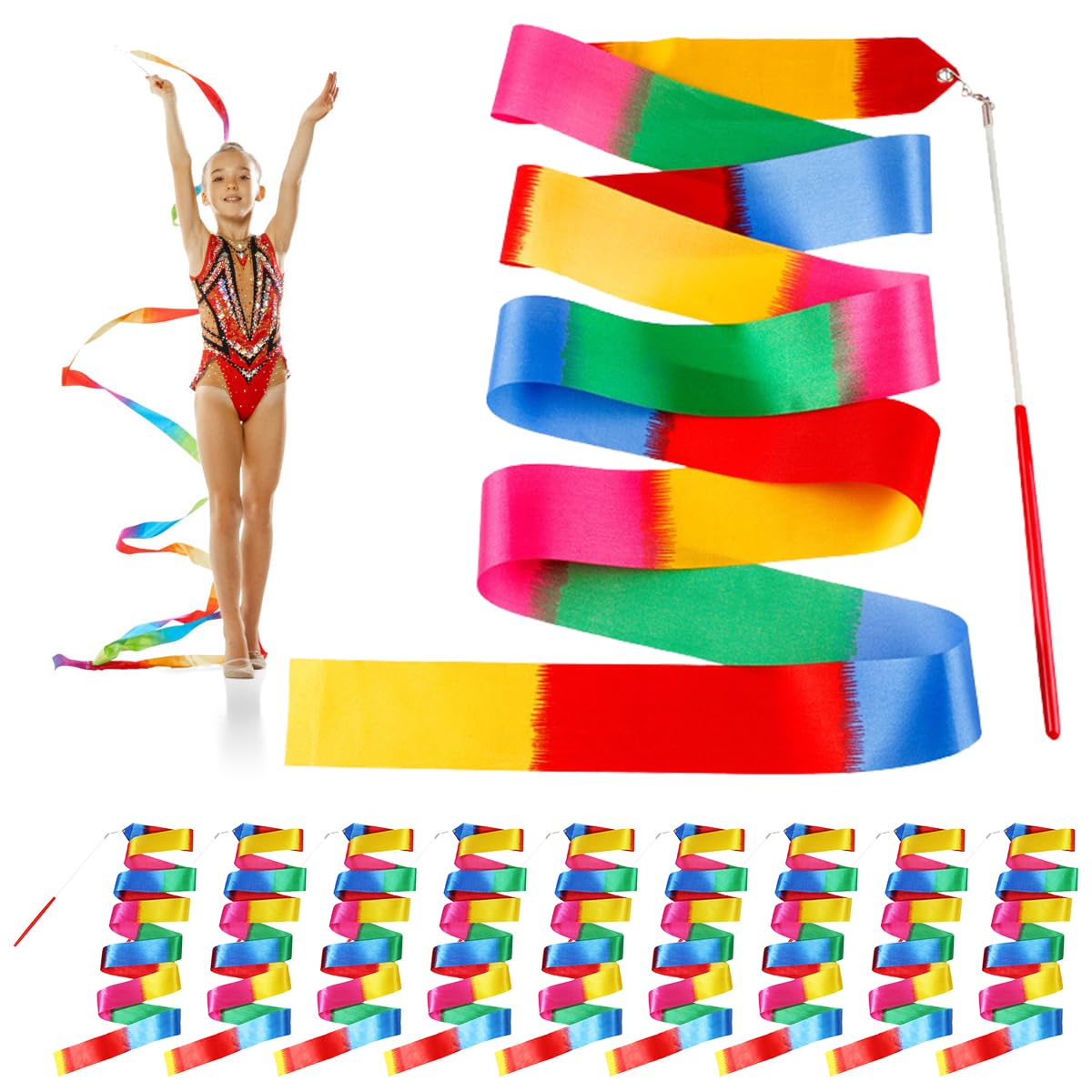 10 Piezas Cinta Gimnasia Ritmica Niña, 2M Cinta de Gimnasia Ritmica | Cinta de Danza con Varita, Cintas Gimnasia Ritmica de Baile Rítmico Gimnasia Artística Infantil Entrenamiento de Baile