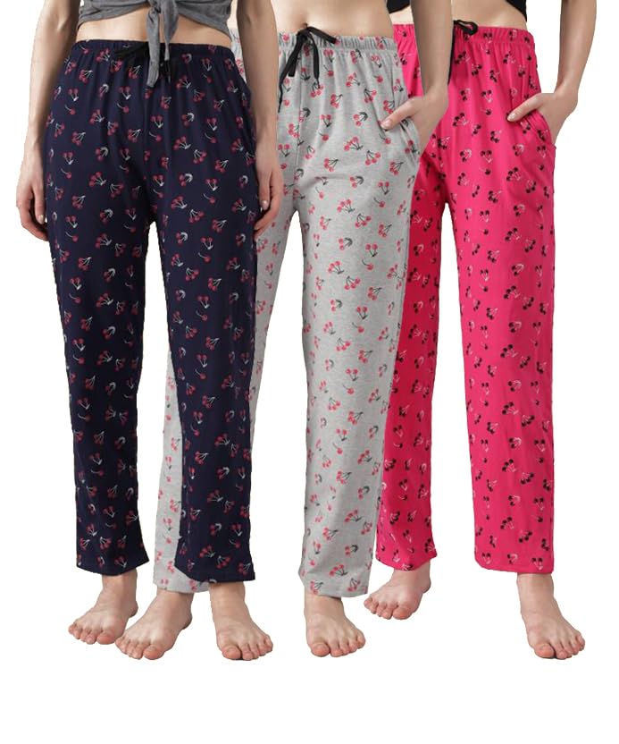 anixa Women Lounge Pyjamas - 100% Cotton - All Over Print, Side Pockets, Soft Fabric, Drawstring Waist - Pack of 3-picture-29