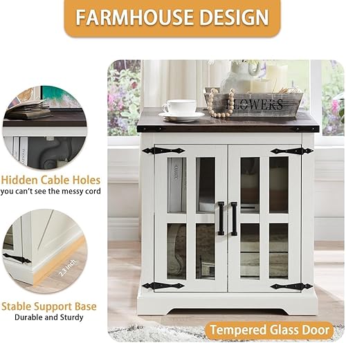 Miniatura 6 de Barnyatoh Mesa auxiliar de granja con estación de carga, mesa auxiliar grande de sofá de 24 pulgadas con puerta de granero de cristal, mesita de