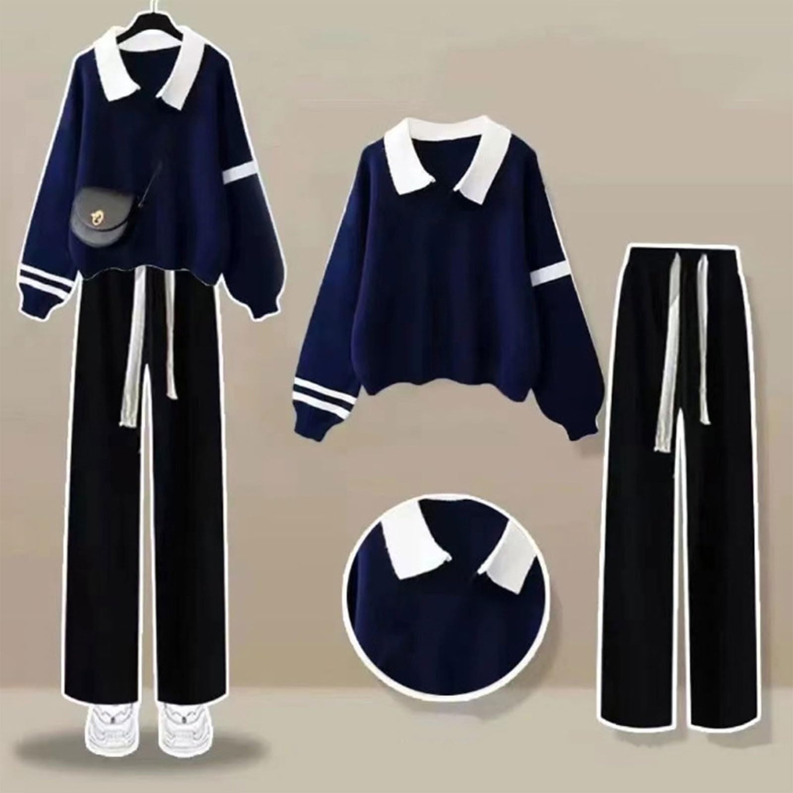 WINWUQB - Tuta da ragazza con colletto e gamba larga, set da 2 pezzi | Accogliente Scuola Morbido Outfit Maglione Pullover Felpe Pantaloni Autunno Inverno Casual Bambini Tuta