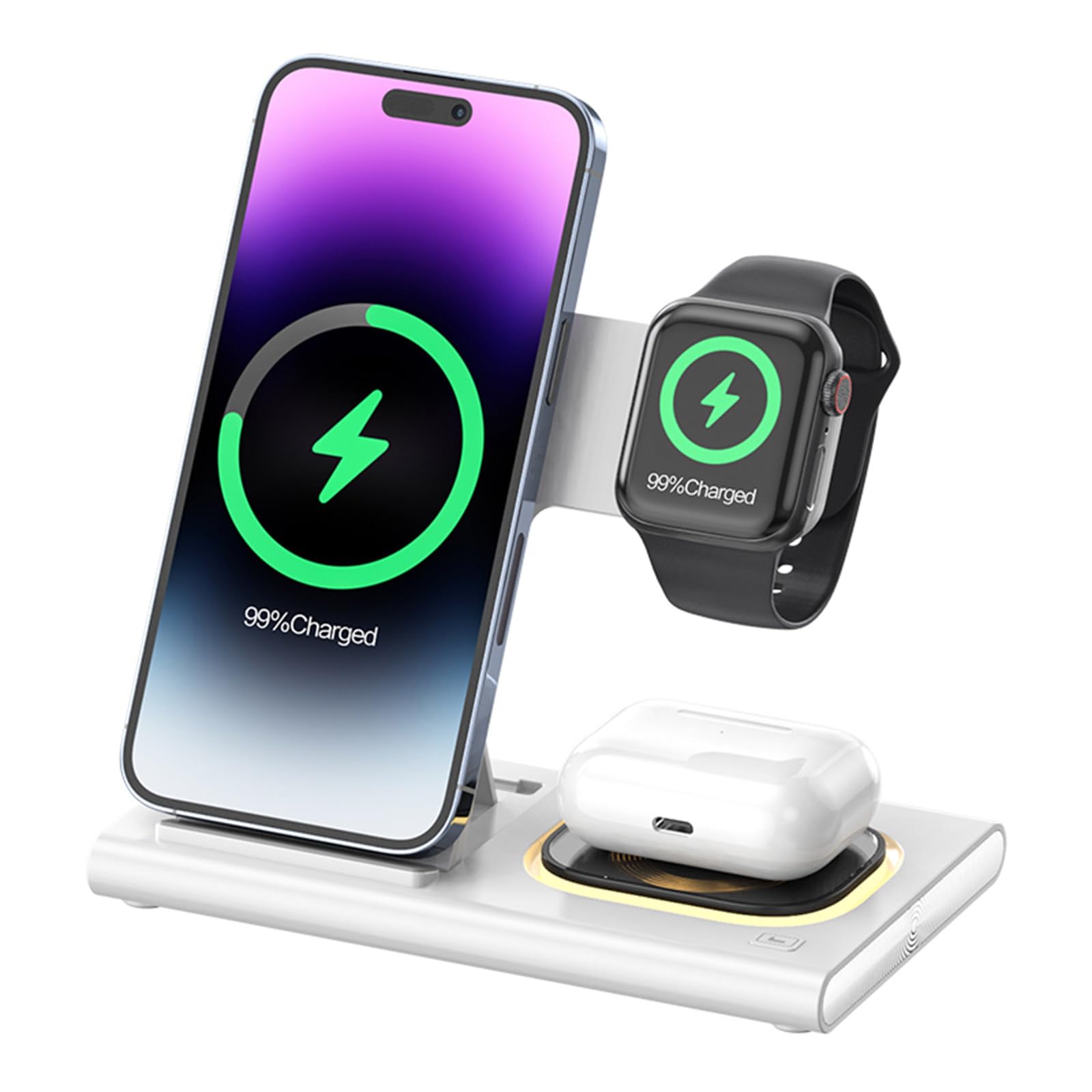 Chargeur magnétique sans fil 3 en 1, peut charger les téléphones mobiles, les écouteurs et les montres en même temps, compatible avec plusieurs appareils (16,5 x 14,1 x 1,9 cm), blanc