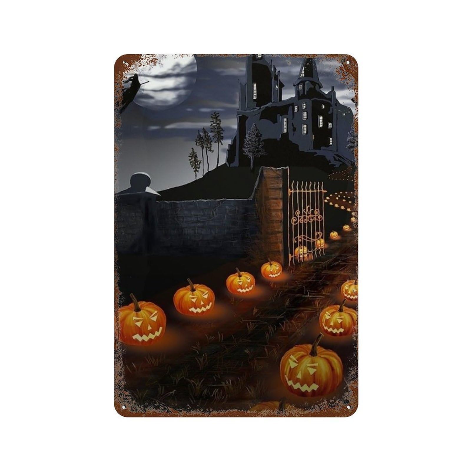 Halloween Castle Pathway Scene Decorative Tin Sign 11.8"x7.9", Vintage Wall Decor for Garage, Pub Or Kitchen