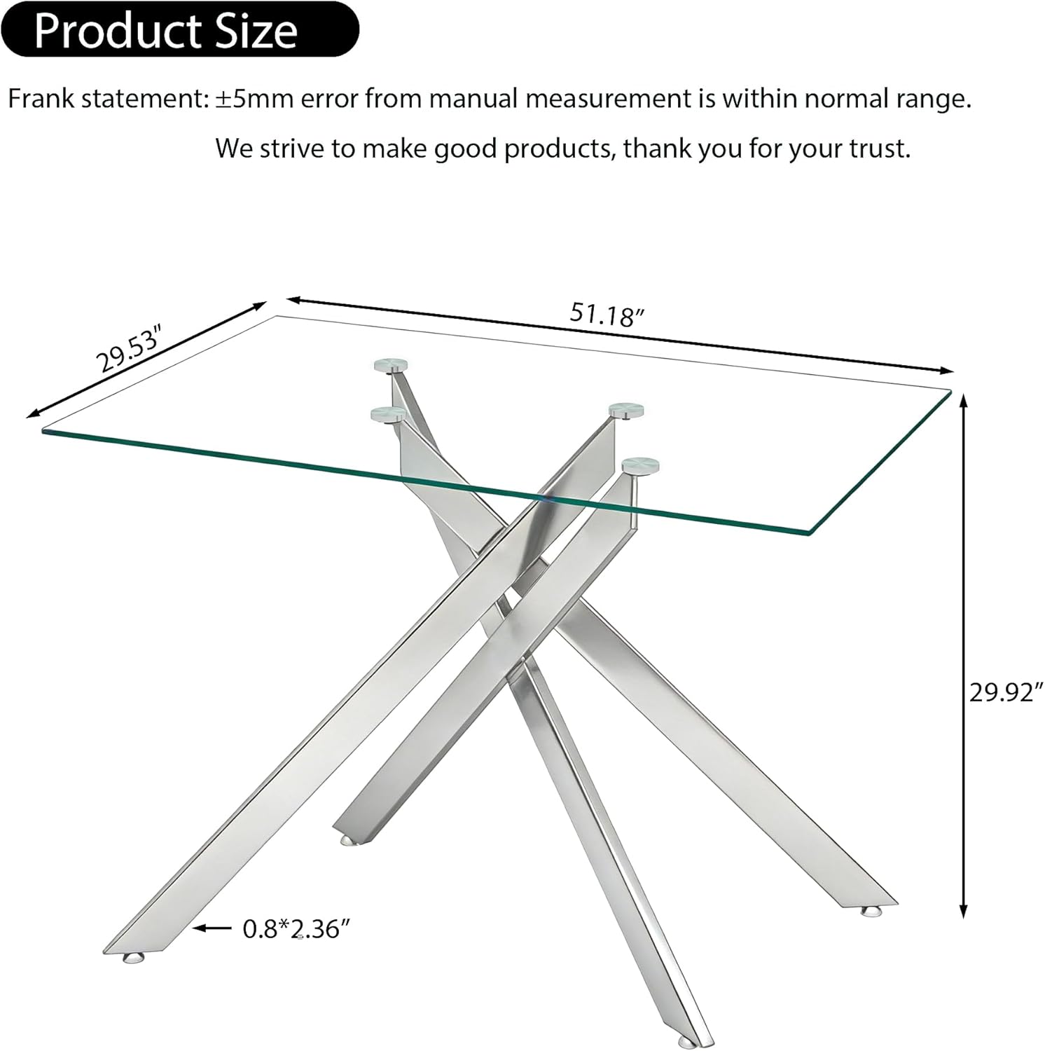51.18" Rectangular Glass Dining Table, Tempered Glass Small Kitchen Table with Metal Tubular Legs, Stylish and Sturdy Silver Dinner Table for Home and Outdoor