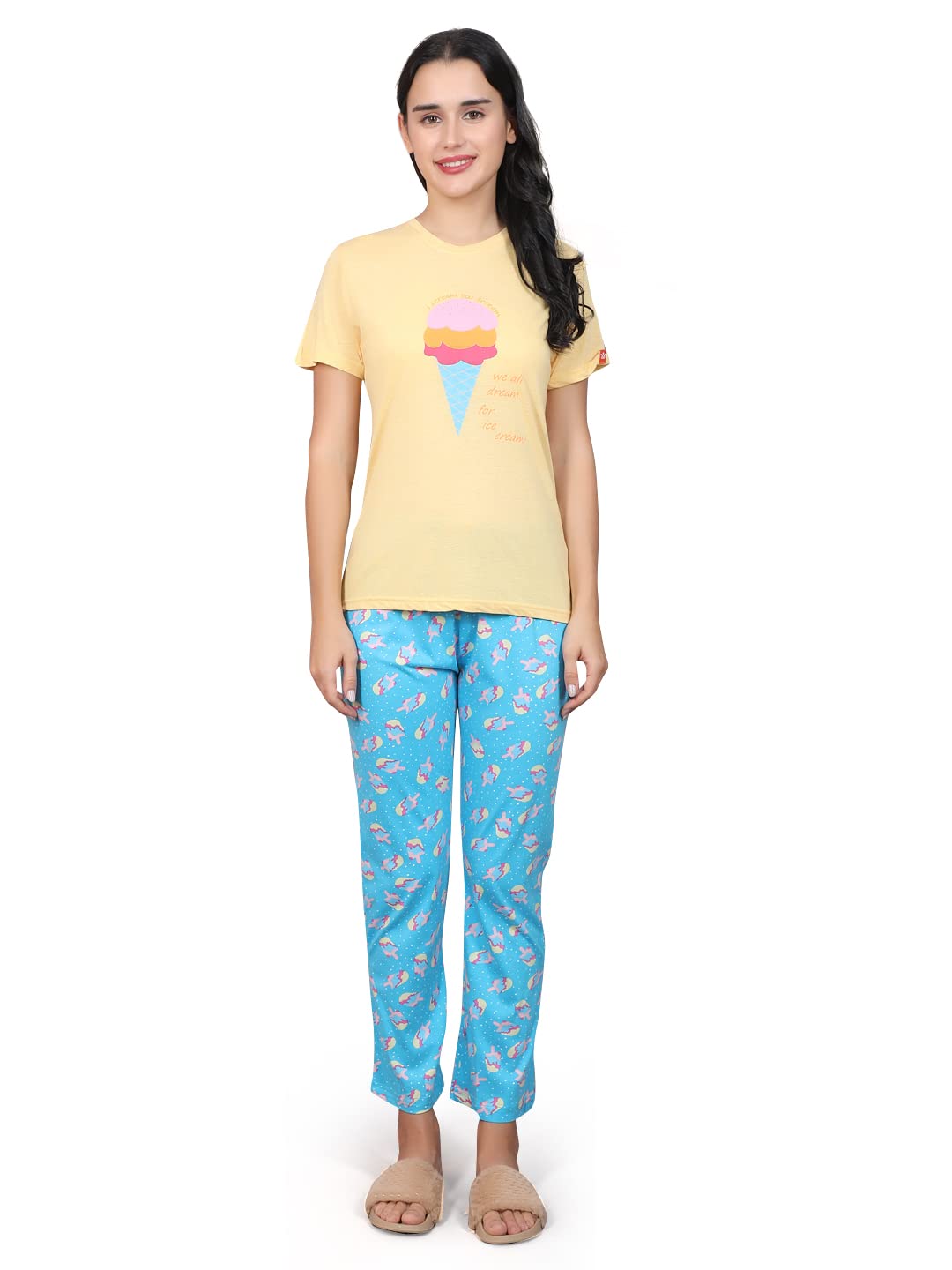 Evolove Conjunto de pijama de algodón con cuello en V y manga corta para mujer, súper suave y cómodo (camisón-redondo-HS-6)