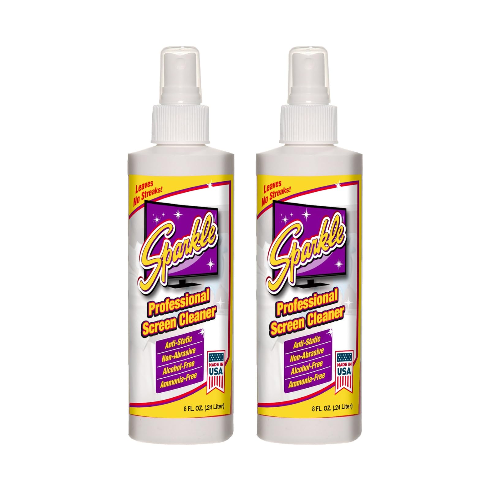 Sparkle Screen & Monitor Cleaner Spray, Ammonia & Alcohol-Free, Anti-Static, Streak-Free Formula for TVs, Laptops & Displays, 8 fl oz (Pack of 2)