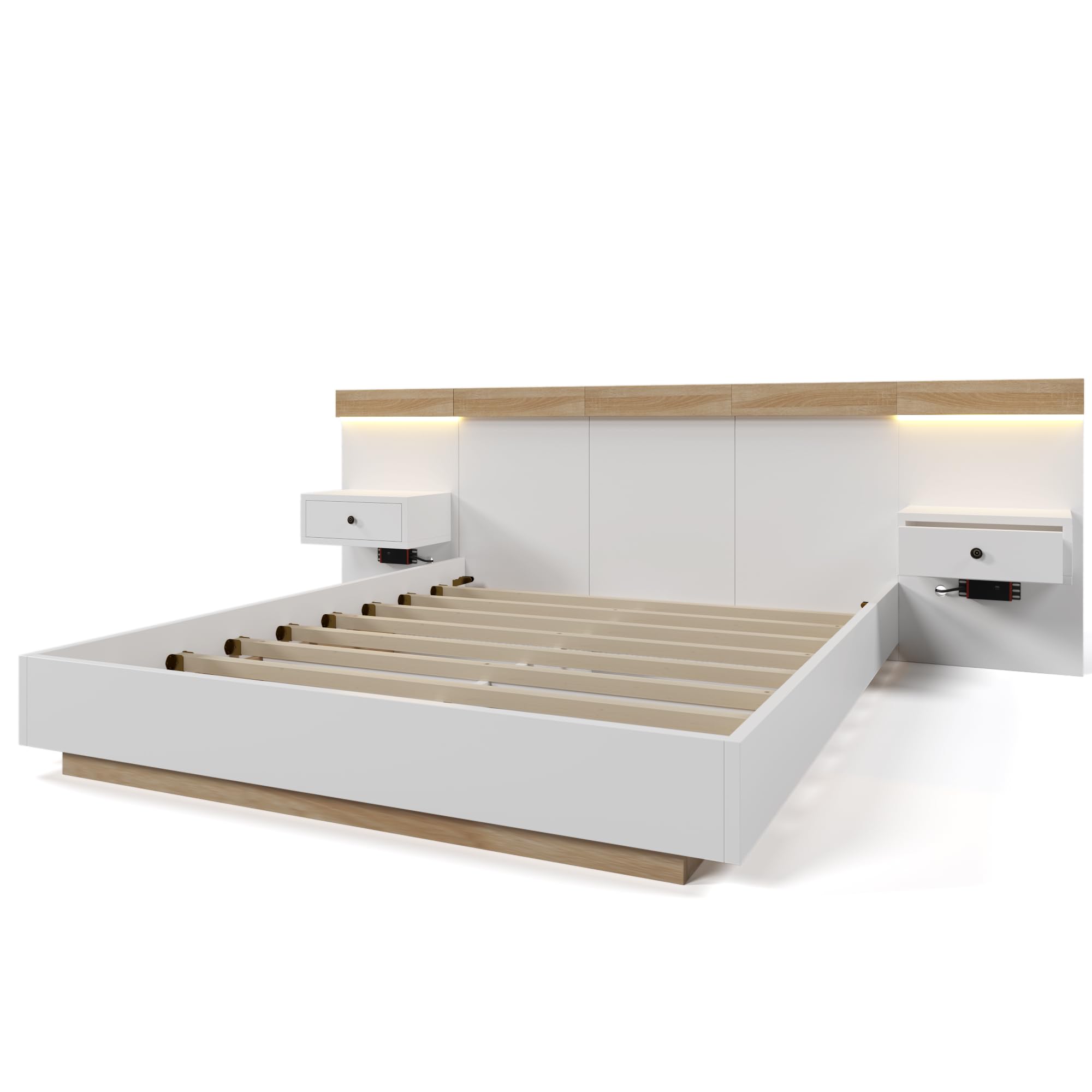 Doppelbett Bettanlage mit 2 LED Nachtkommoden& USB C Steckdose 180 x 200 cm Holzbett inkl. 2 Nachttischen Schlafzimmer Komplett-205x284x90.5 cm(T/B/H) Set in Eiche Sonoma/Weiß(Ohne Matratze)