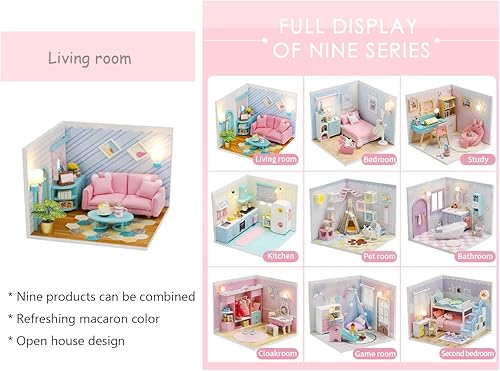 Miniatura 3 de Kisoy Casa de muñecas en miniatura con kit de muebles, kit de casa de madera 3D DIY una esquina de un pequeño estilo de apartamento con cubierta