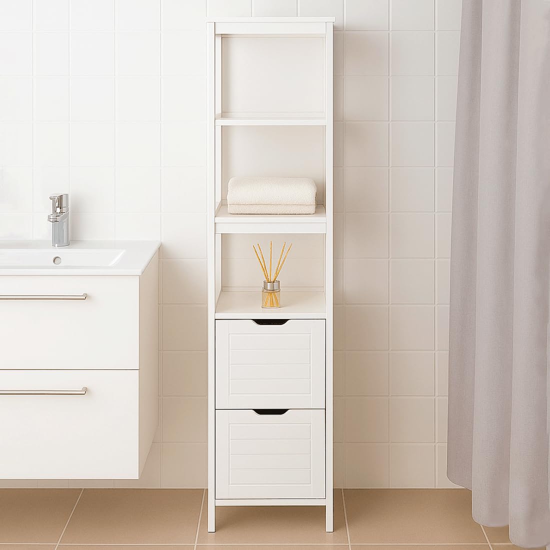 Acomoda Textil – Mueble Auxiliar de Baño con Cajones y Estantes Abiertos. Estante Blanco Vertical para Almacenaje de Toallas, Cosméticos y Accesorios Resistente Funcional y Versátil. (30x30x144 cm)
