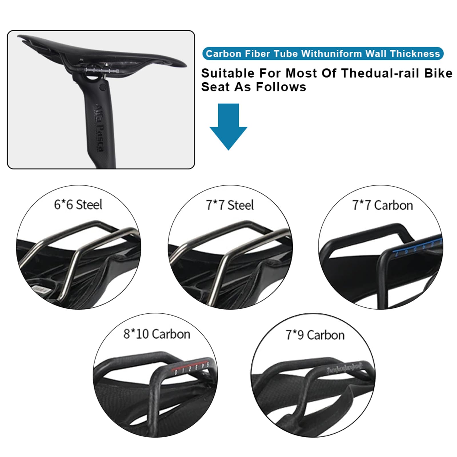 Alfa Pasca Tige de Selle 31.6 Tige de Selle Carbone Tige de Selle Carbone VTT 3K Mat/Brillant 31.6/27.2/30.8mm Tige de Selle Route