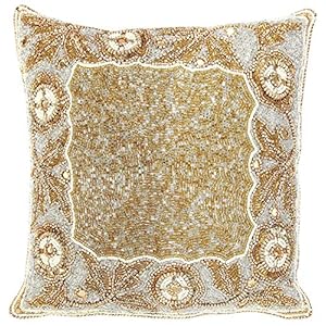 Floral Border Hand Beaded Decorative Pillow Cover, 14x14Square Cushion Cover- Gold, Handmade by Skilled Artisans, A Beautiful and Elegant Accessory to Dress up Your Couch, Sofa or Bed