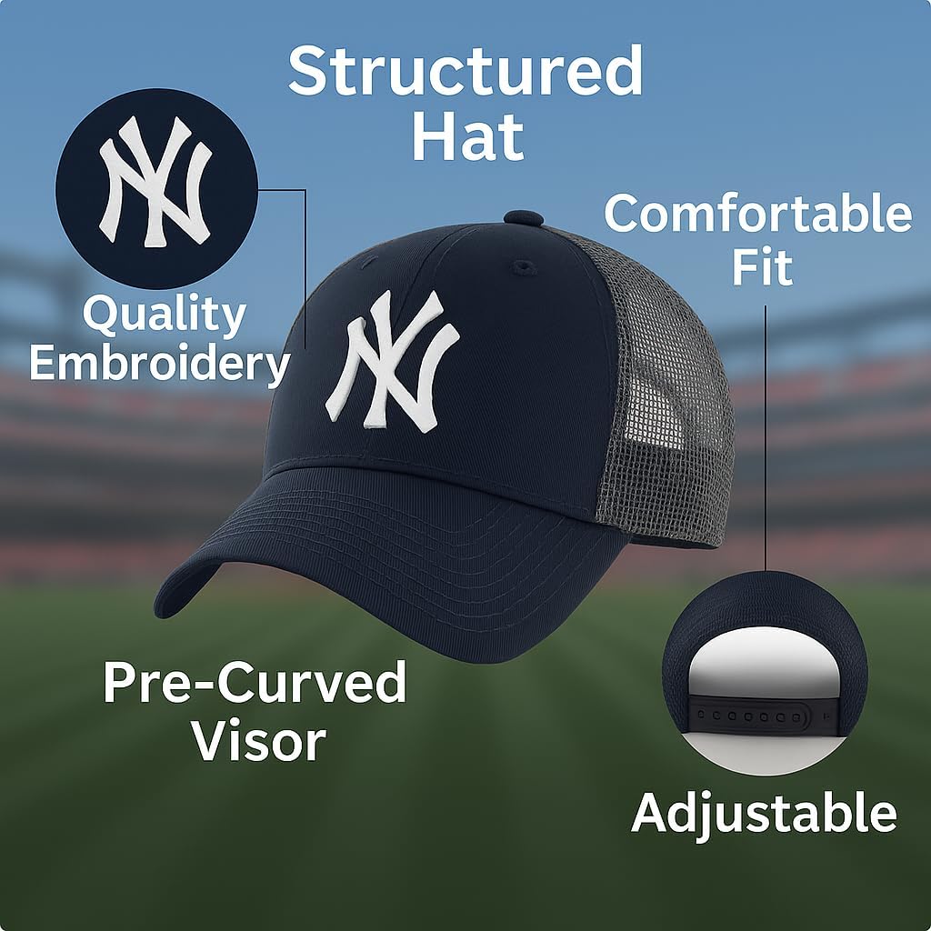 Officially Licensed New York Navy Mesh Trucker MVP Baseball Hat Classic Adjustable Embroidered Primary NY Blue/White Team Logo Structured Snapback Sports Cap