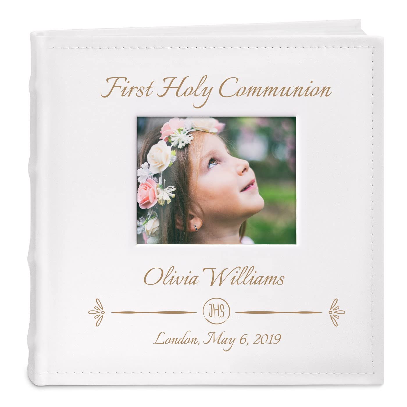Murrano Slip-In Photo Album- Printed white cover with a photo frame- 100 pages to fill in with up to 200 images- personalized birthday gift- Baptism or Communion momento - IHS
